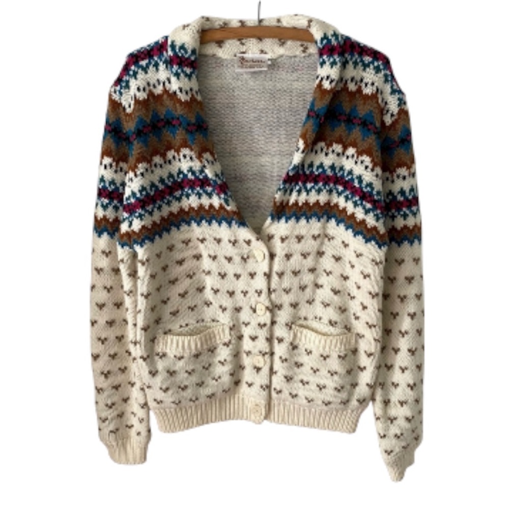 1980s Vintage Nasharr Colorful Fair Isle Cardigan Sweater Shawl Collar Women’s L